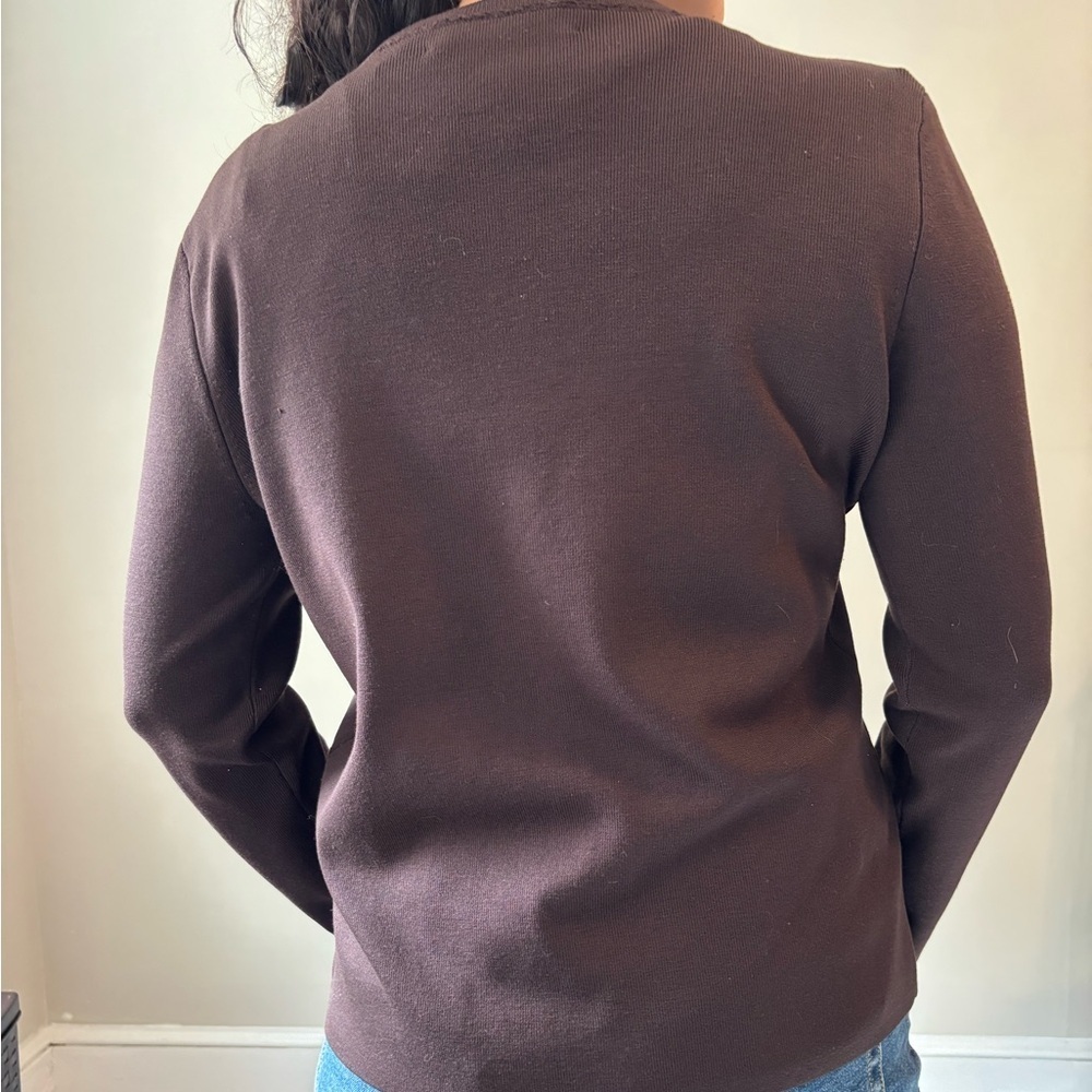 Y2K Preppy Leather Minimalist Silk Chocolate Brown Mocha Grunge Cardigan - Small - Picture 3 of 10